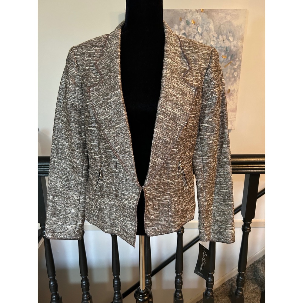 Cartise Metallic Tweed Blazer Jacket Brown Silver Open Front Size 10 NEW